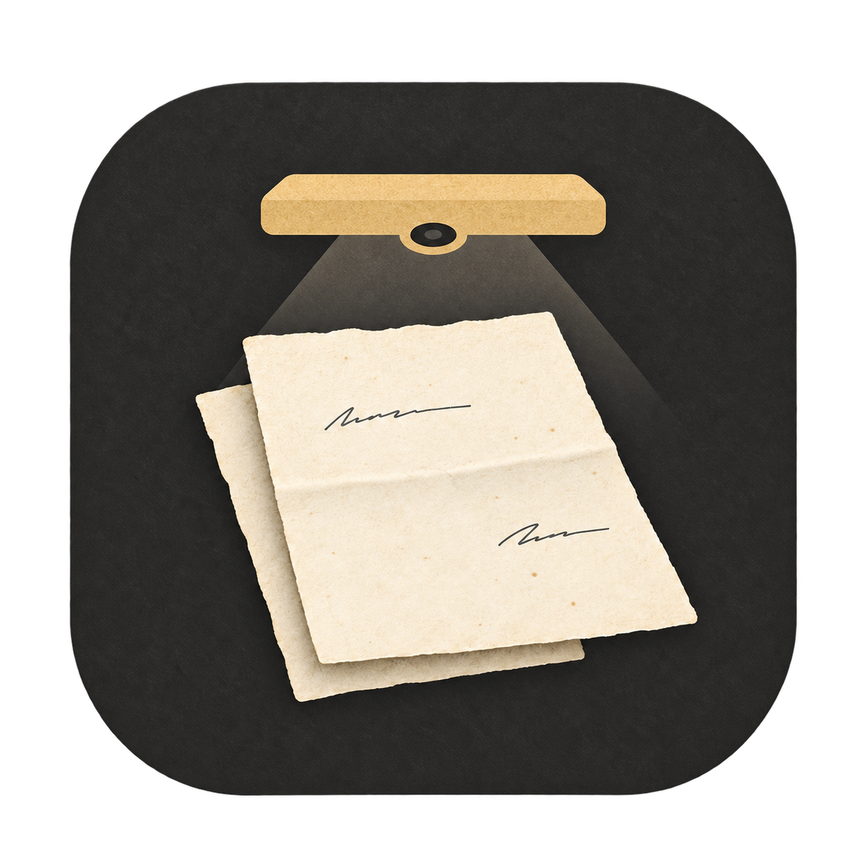 Two cream paper letters under an ochre document camera on a charcoal background.